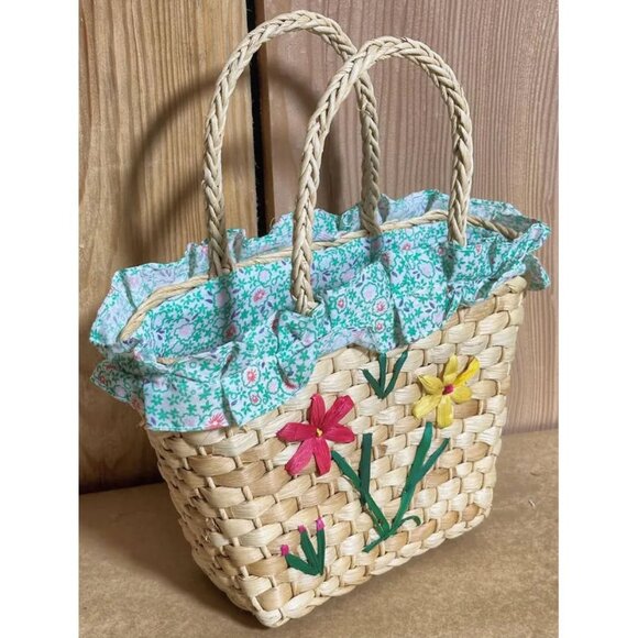 Source Unknown Other - Wicker Purse, Lined, Embroidered Flowers, Little Girls Purse